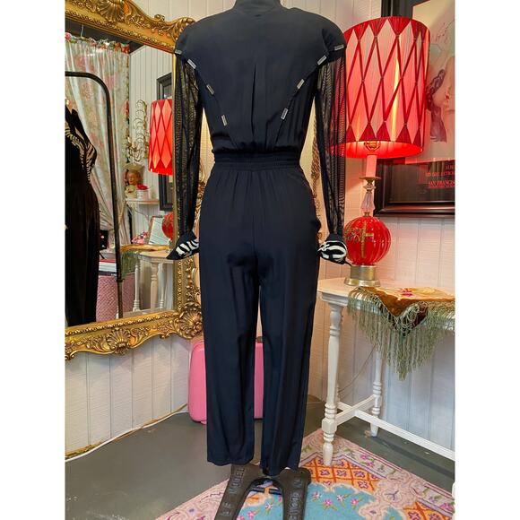 vintage 1980s zebra fitted rayon jumpsuit IIF small 80s pantsuit padded sheer 26 - Picture 8 of 9